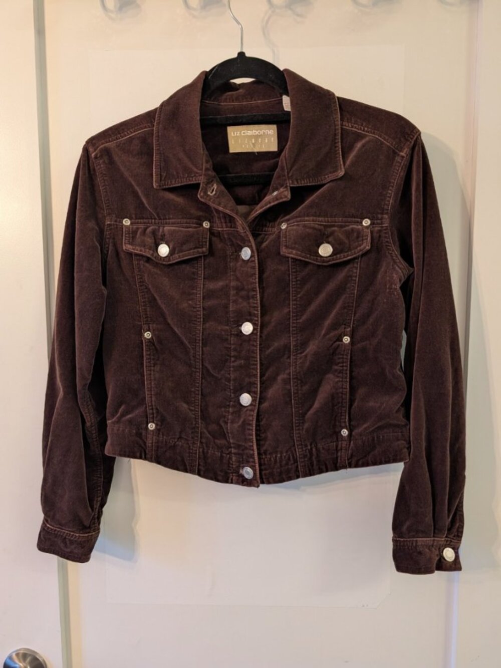 Liz Claiborne Lizwear Petite Brown Cotton Velvet Snap Front Trucker Jacket SP